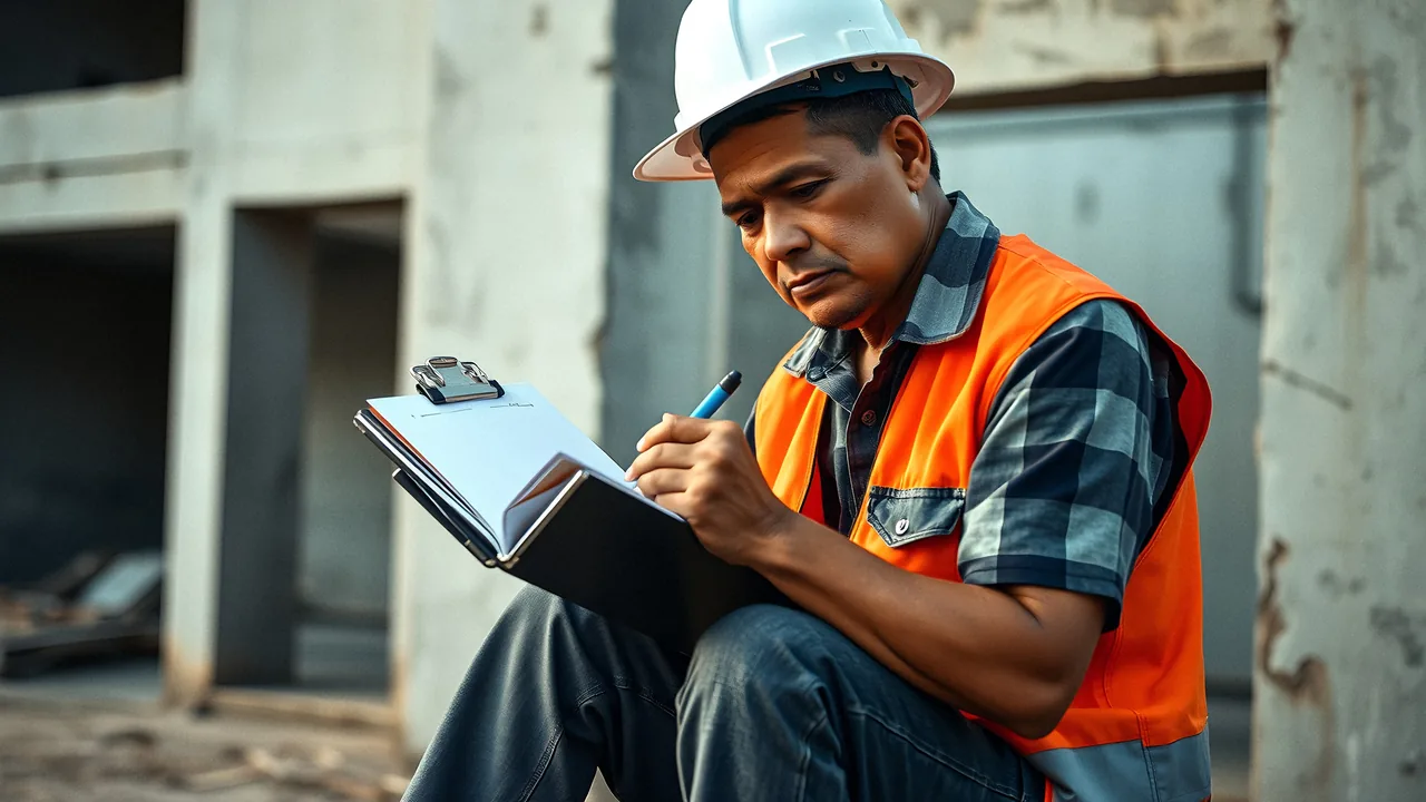 A site engineer writing the day's report on site