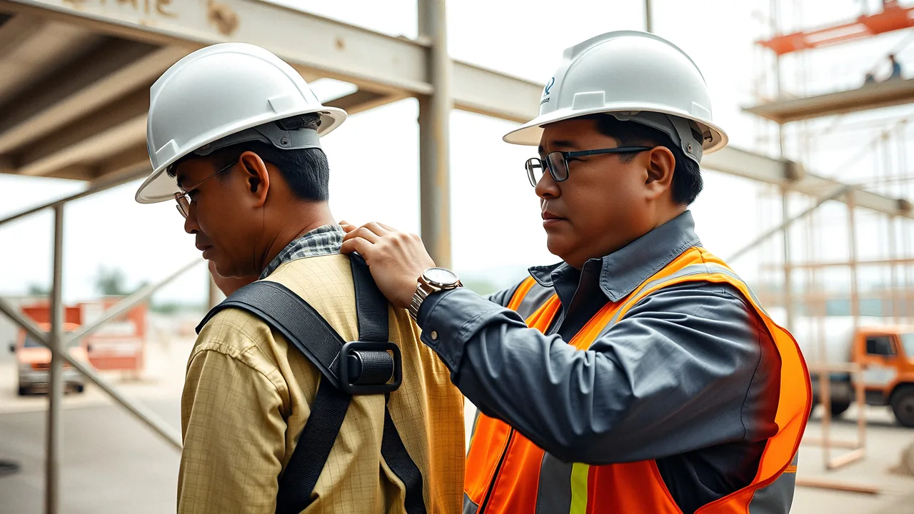 A safety officer checking a worker's harness before work at height