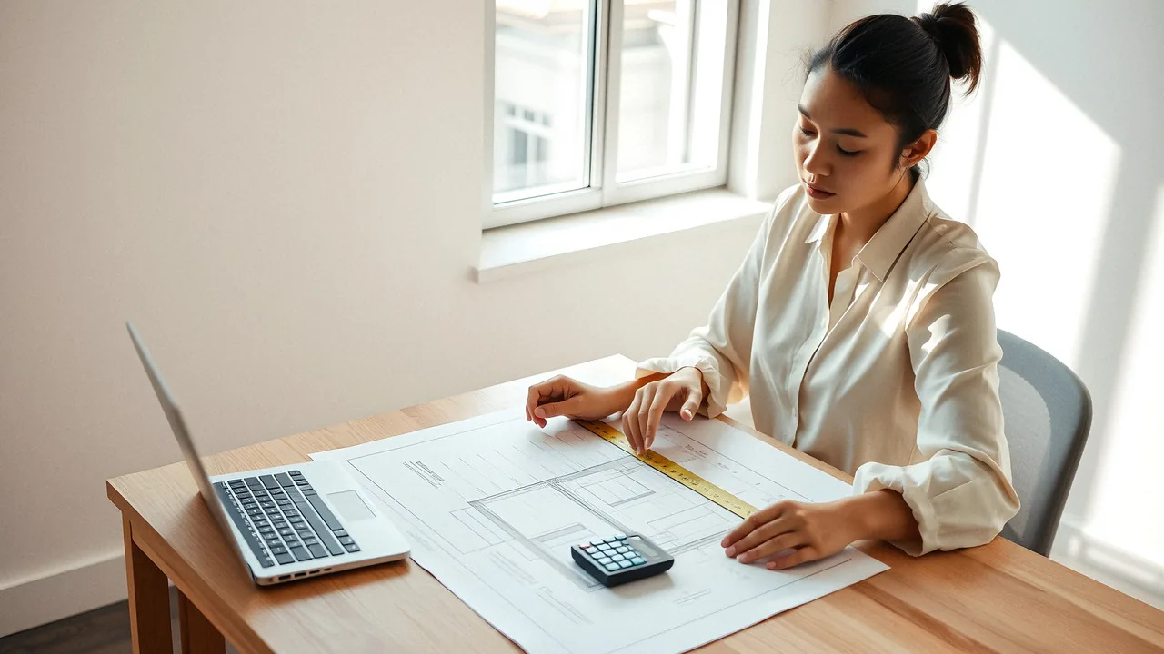 A quantity surveyor measuring a drawing at her desk