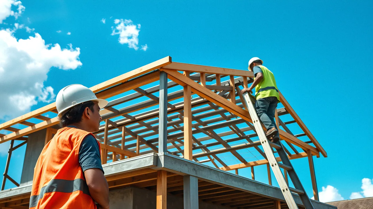 Roof trusses being set on a row of houses