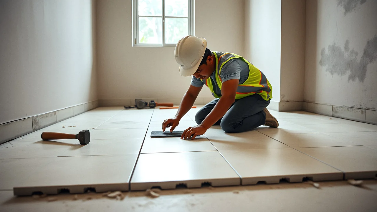 A tiler setting floor tiles